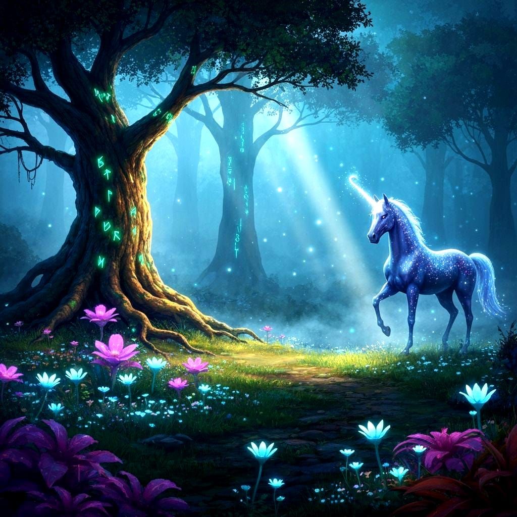 Magical Creatures and Plants in Enchanted Forest Setting