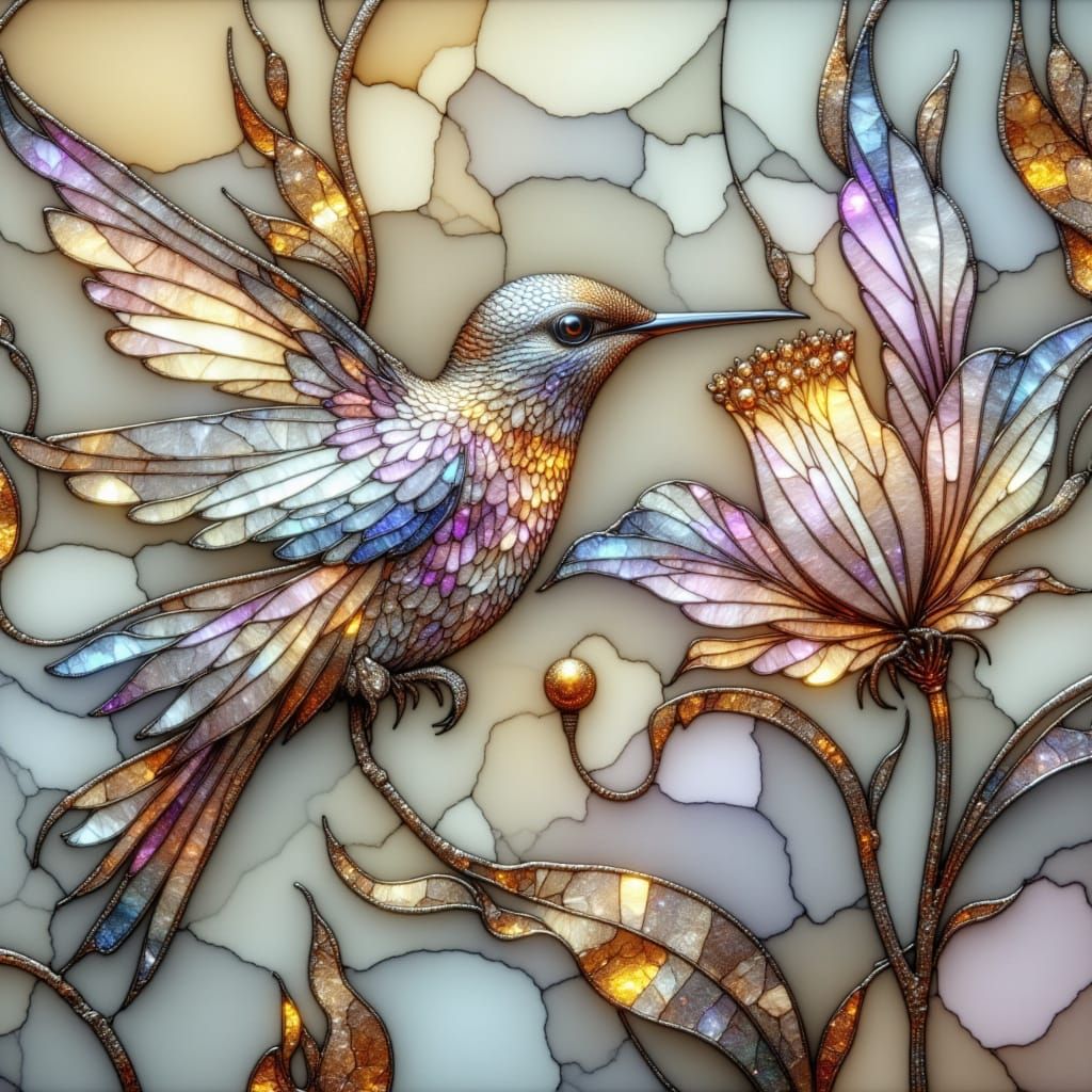 Chrome Hummingbird Sipping Stained Glass Flower in Hyperreal...