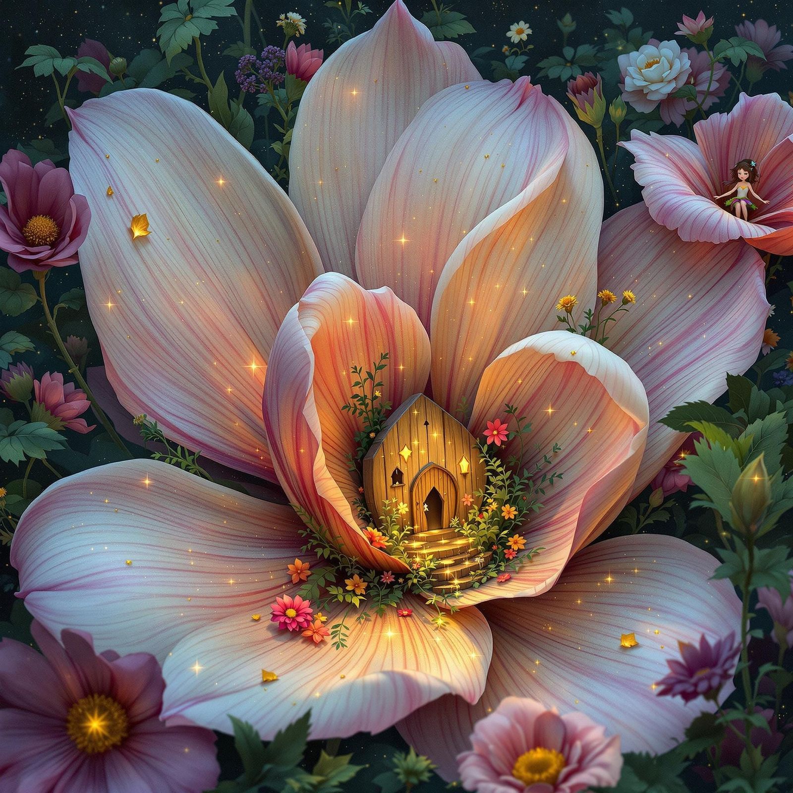 Whimsical Floral Wonderland with Tiny Doors and Mischievous...