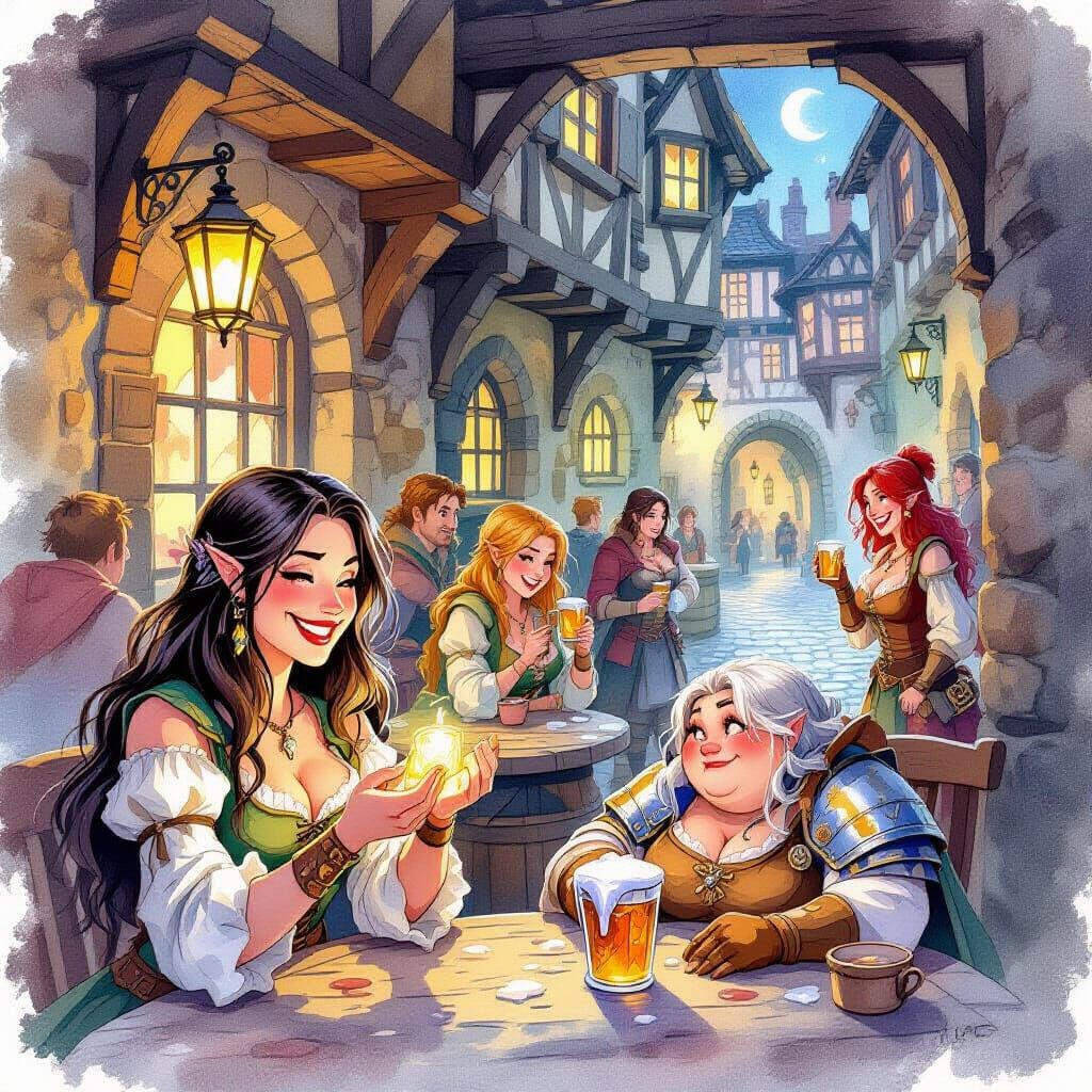 Mischievous Woman in Bustling Tavern, Watercolor Style