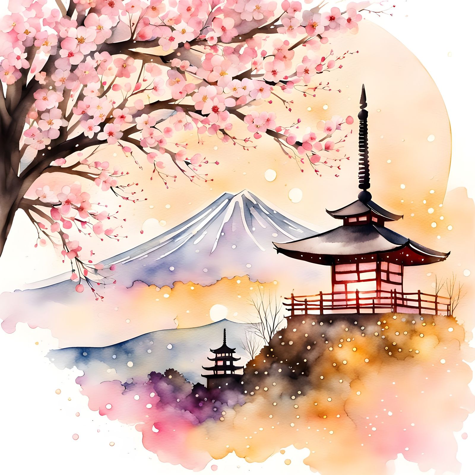 Mount Fuji Cherry Blossoms in Ukiyo-e Style