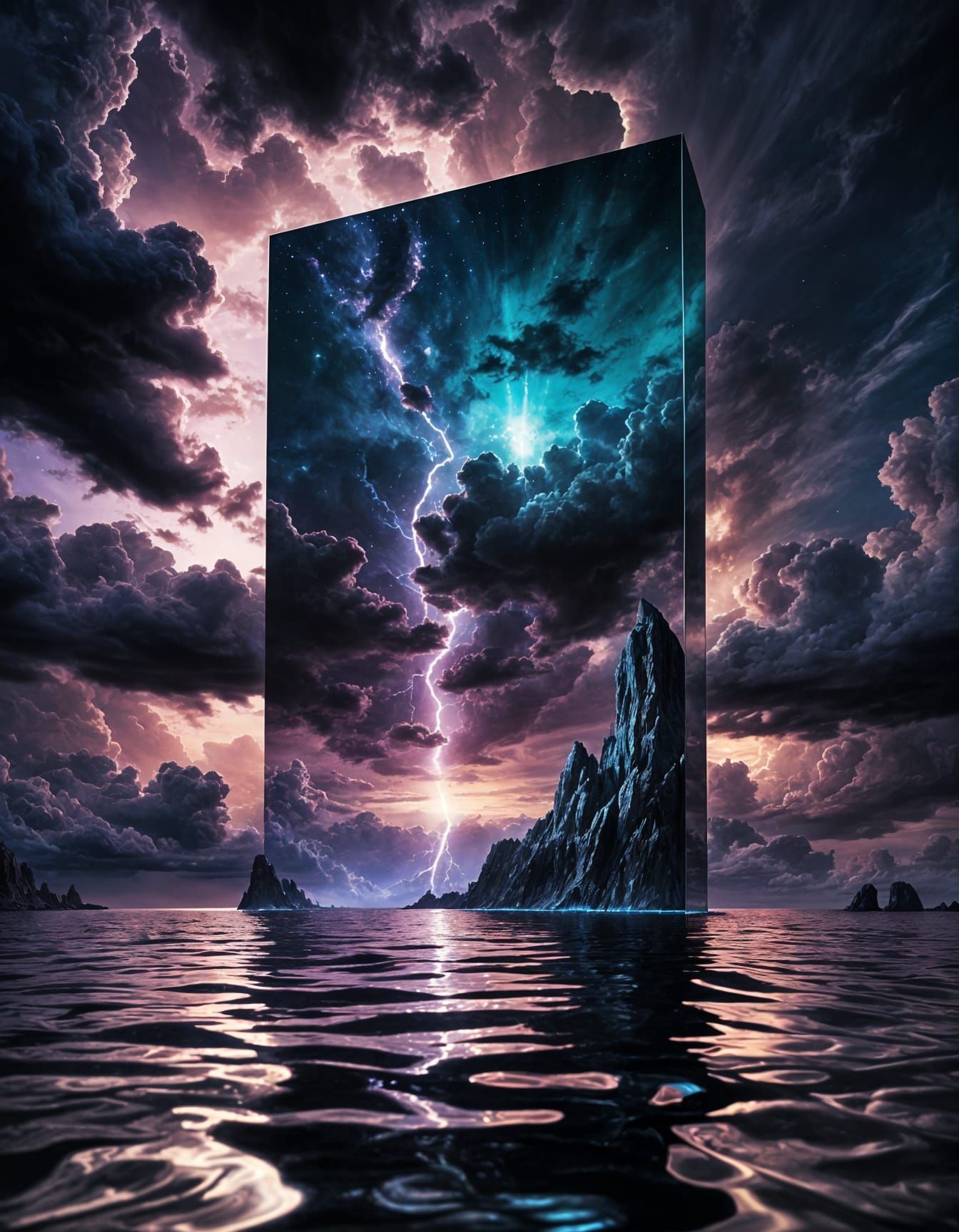 Glowing Monolith in Dark Water with Galaxy Glass