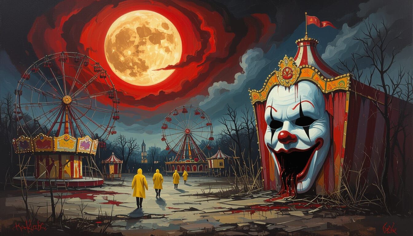 Gothic Oil Painting of Abandoned Carnival Under Blood Moon