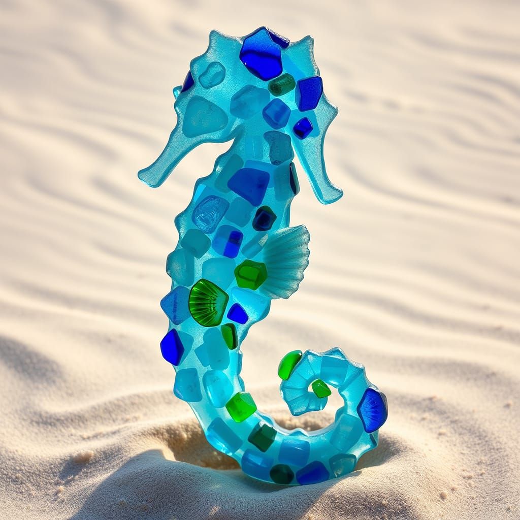 Sea Glass Seahorse Sculpture in Aquamarine and Sapphire