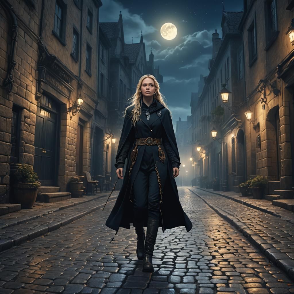 Mysterious Woman Walks on Misty Cobblestone Street