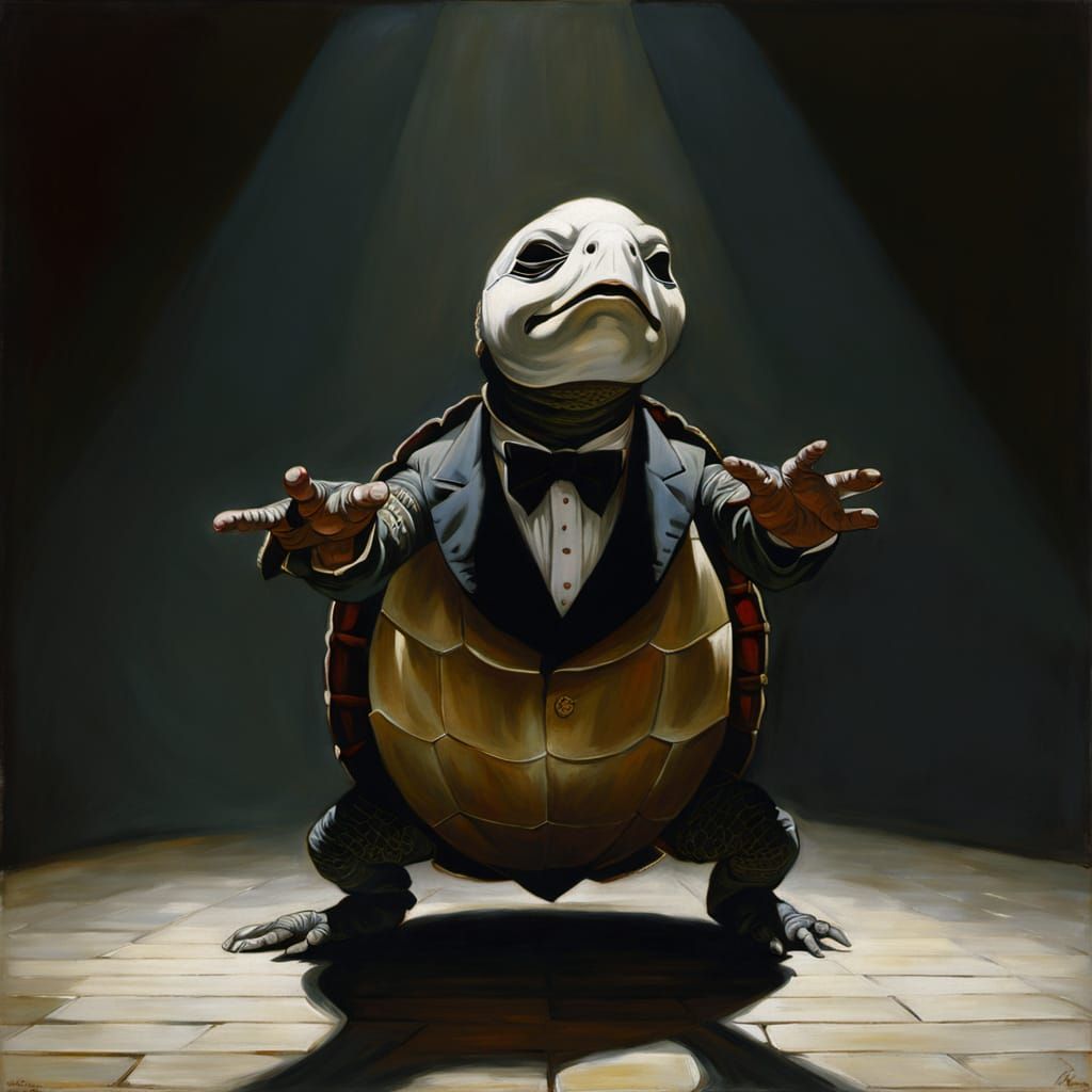 Opera Singing Turtle with Mask, Oil Painting