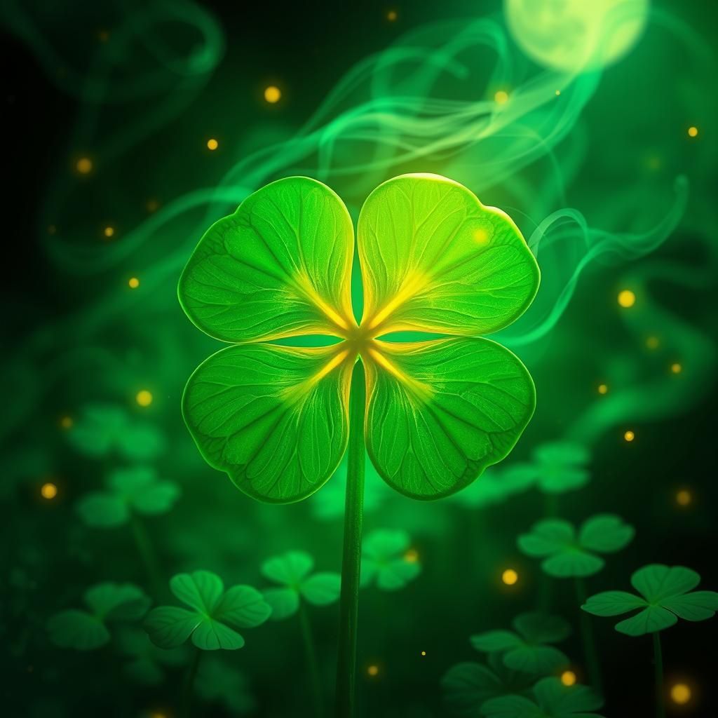Bioluminescent Four-Leaf Clover in Ethereal Mist