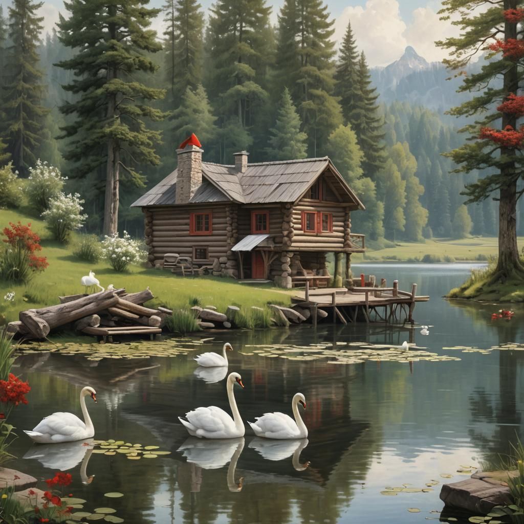 Log Cabin by Lake with Swans and Man
