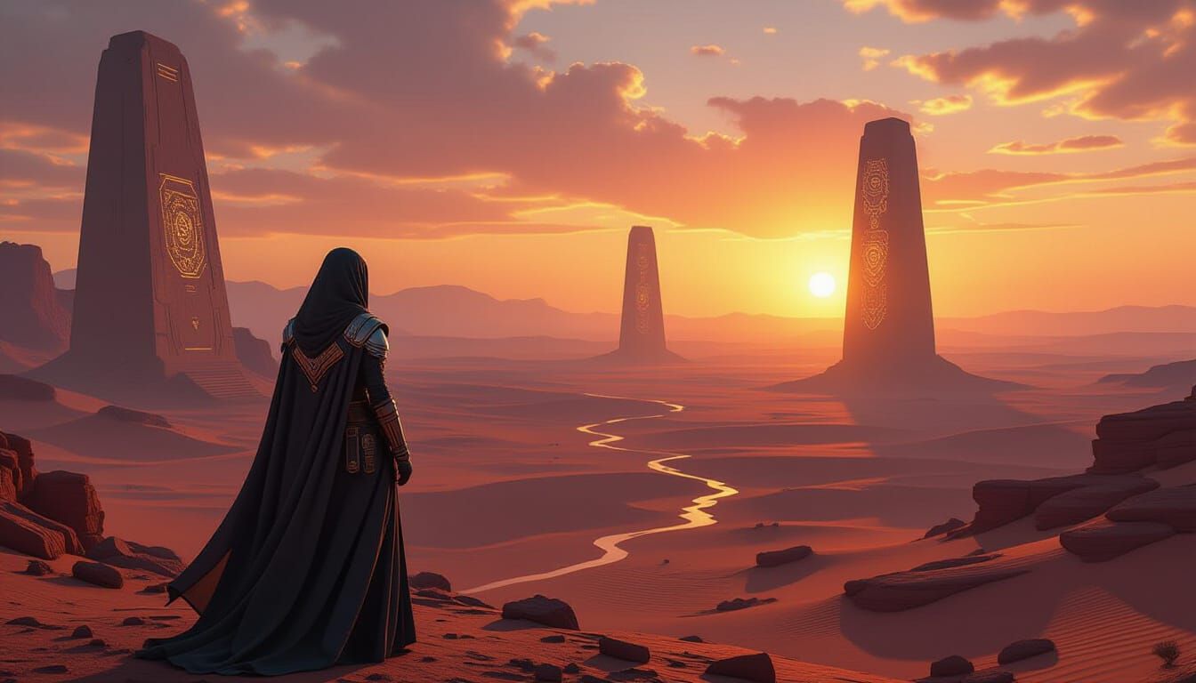 Woman Overlooking Alien Desert Under Binary Sunset