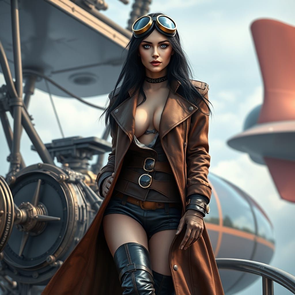 Glamorous Steampunk Blimp Captain in Leather Coat
