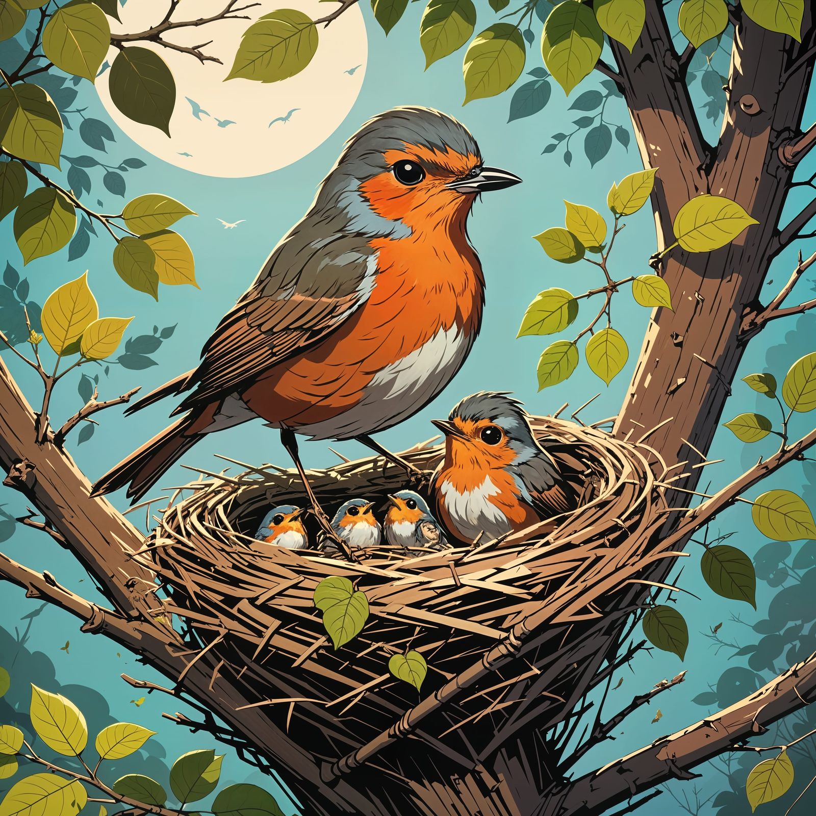 Proud Robin and Babies in Nest: Anime Style