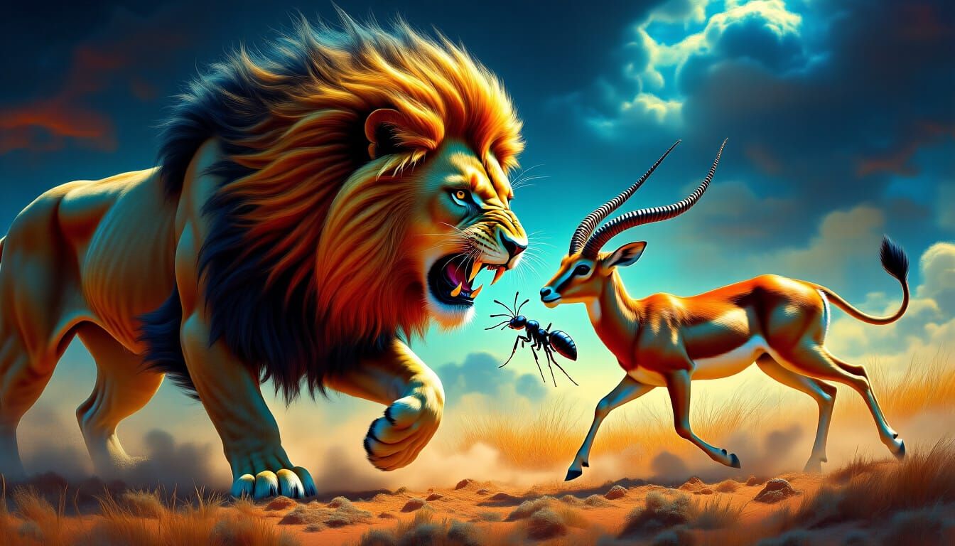 Lion vs Antelope: Horror Surrealism Concept Art