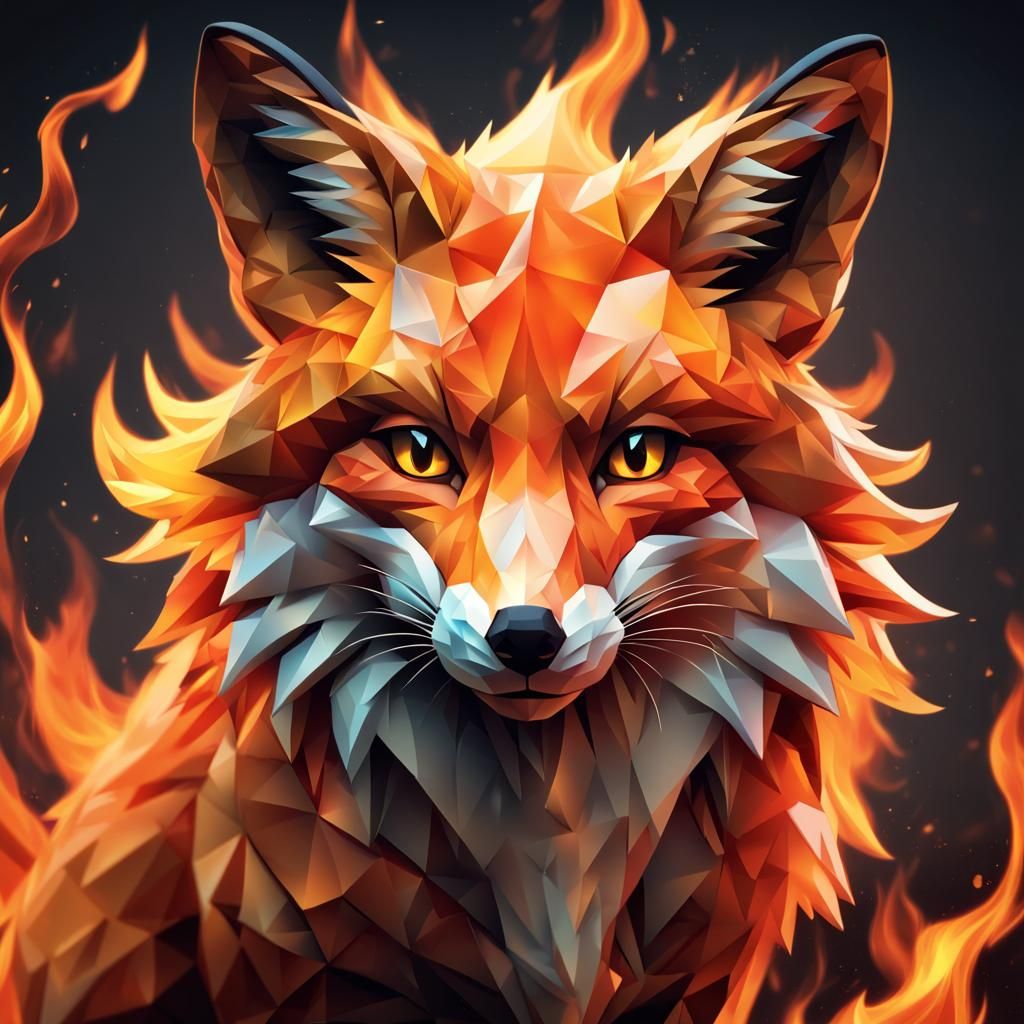 Intricate Polygonal Fire Fox with Flames Background
