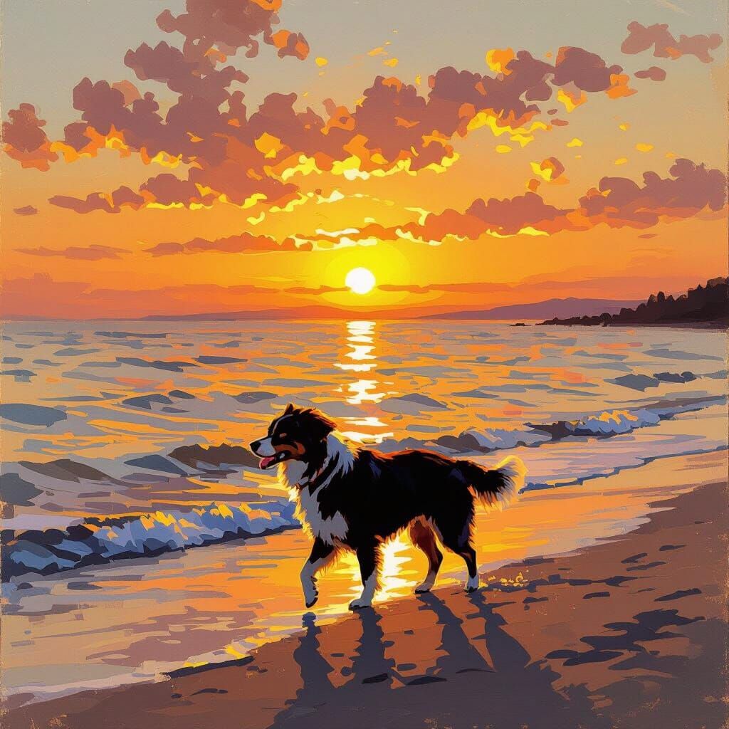 Dog at Sunset in Impressionist Style