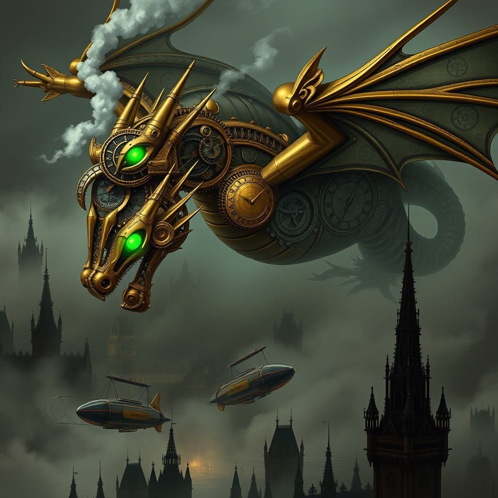 Clockwork Dragon Over Foggy Victorian City