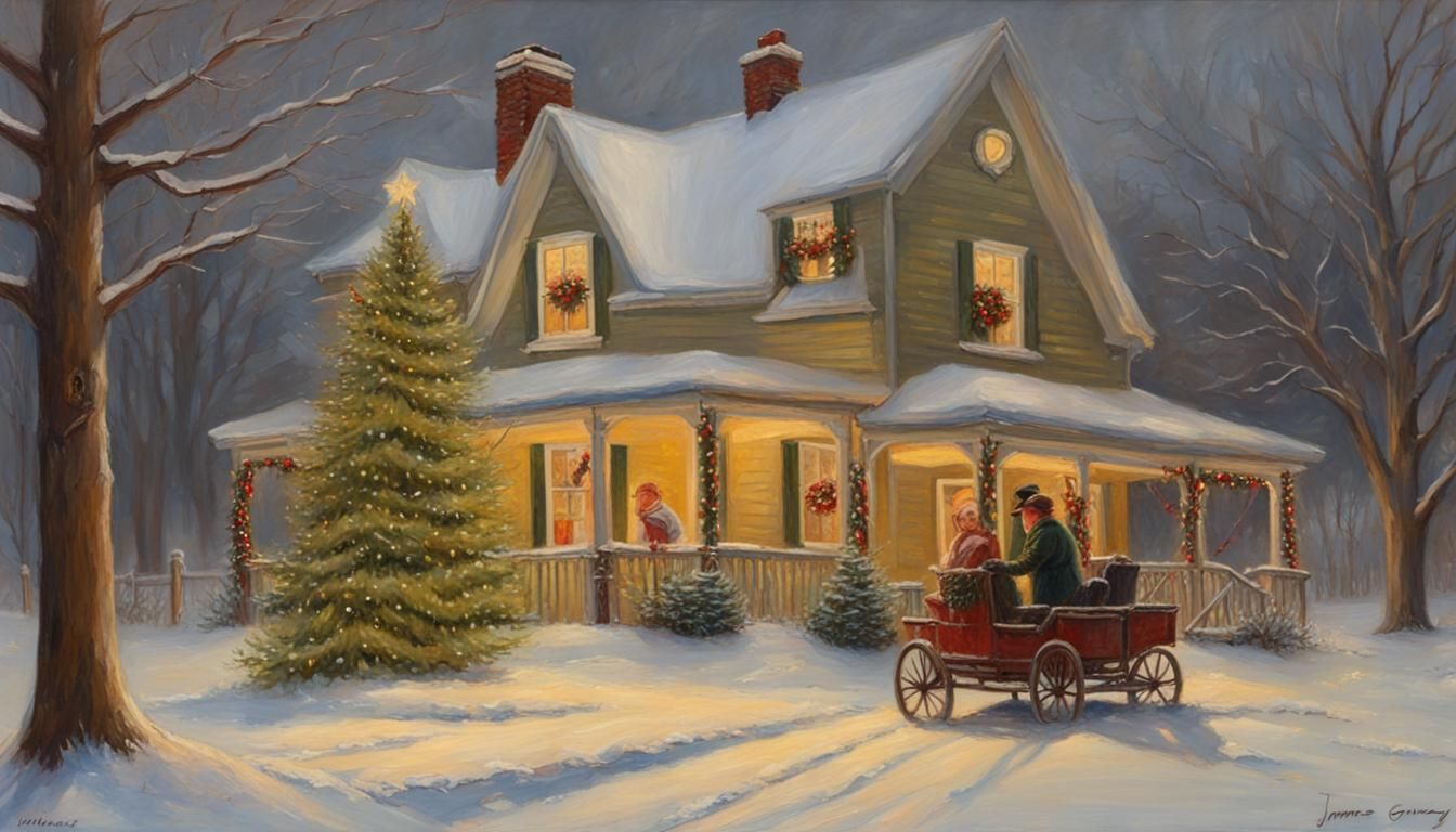 Cozy Christmas Family Home: Oil Painting