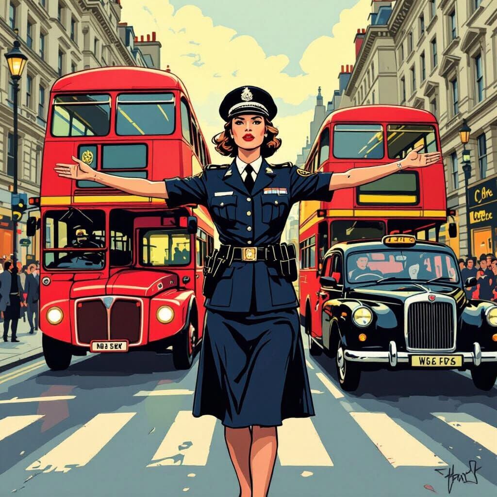 1970s British WPC Directing London Traffic in Comic Style
