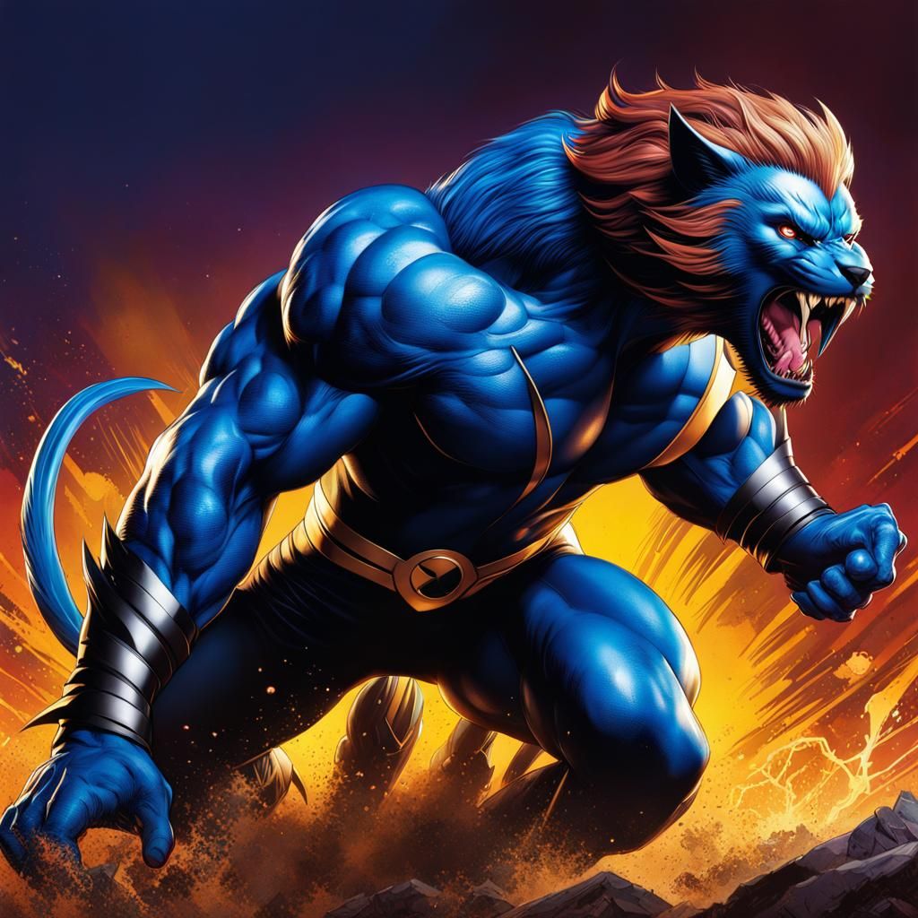 Beast X-Men, lunge, Hyperrealistic, splash art, concept art, mid shot, intricately detailed, color depth, dramatic, 2/3...