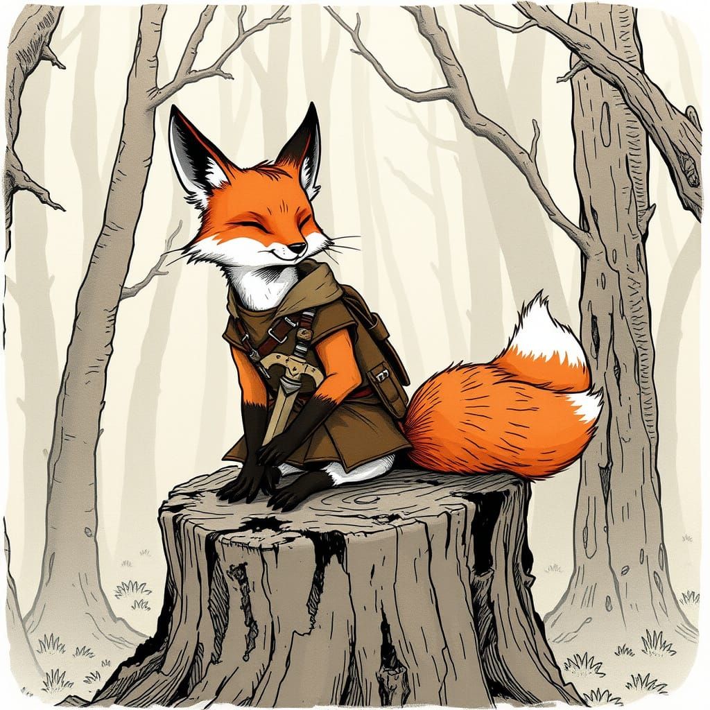 Fox Warrior in Misty Forest Illustration