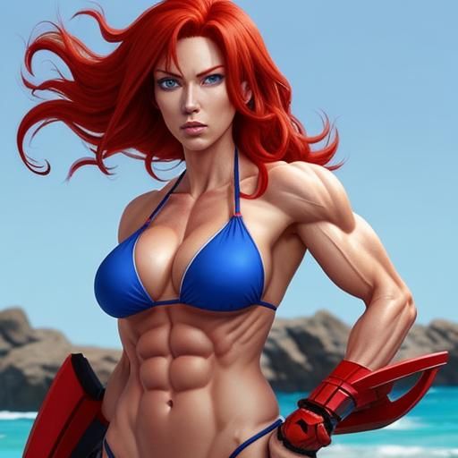 Muscular Red-Haired Anime Woman Flexing