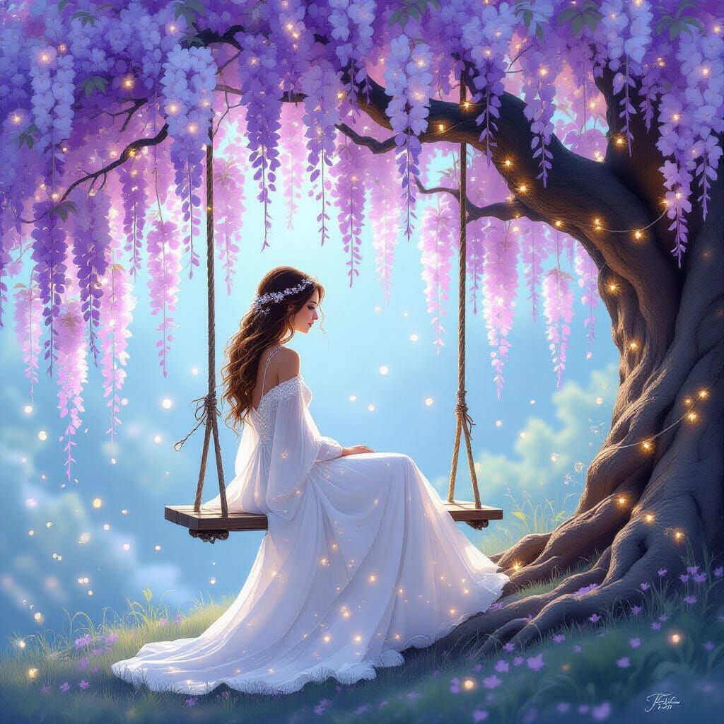 Ethereal Woman on Swing Under Glowing Tree