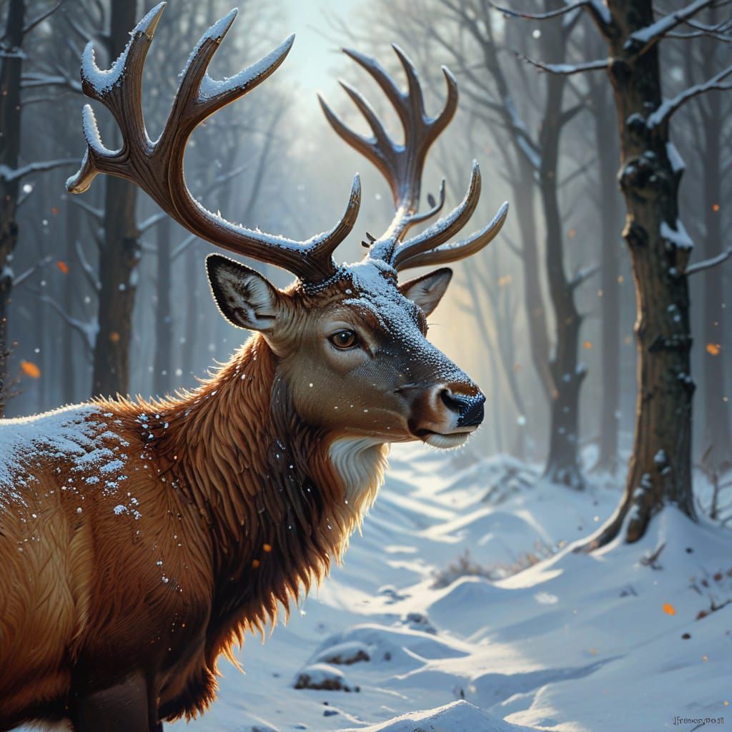 Deer with Christmas Lights in Rockwell Style