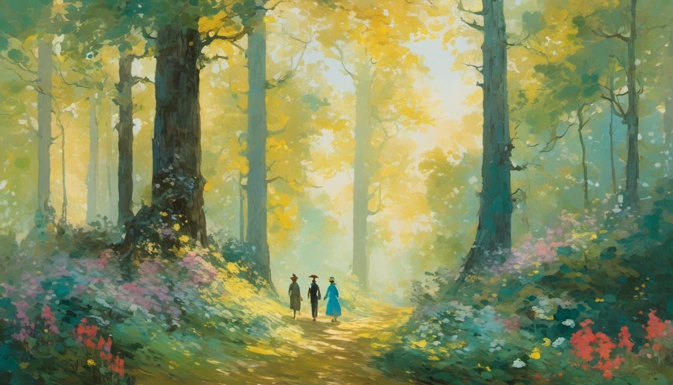 Friends Walking in Forest: Gouache Impressionist Painting