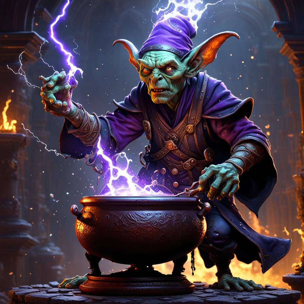 Goblin Sorcerer Conjuring Arcane Lightning, Digital Art