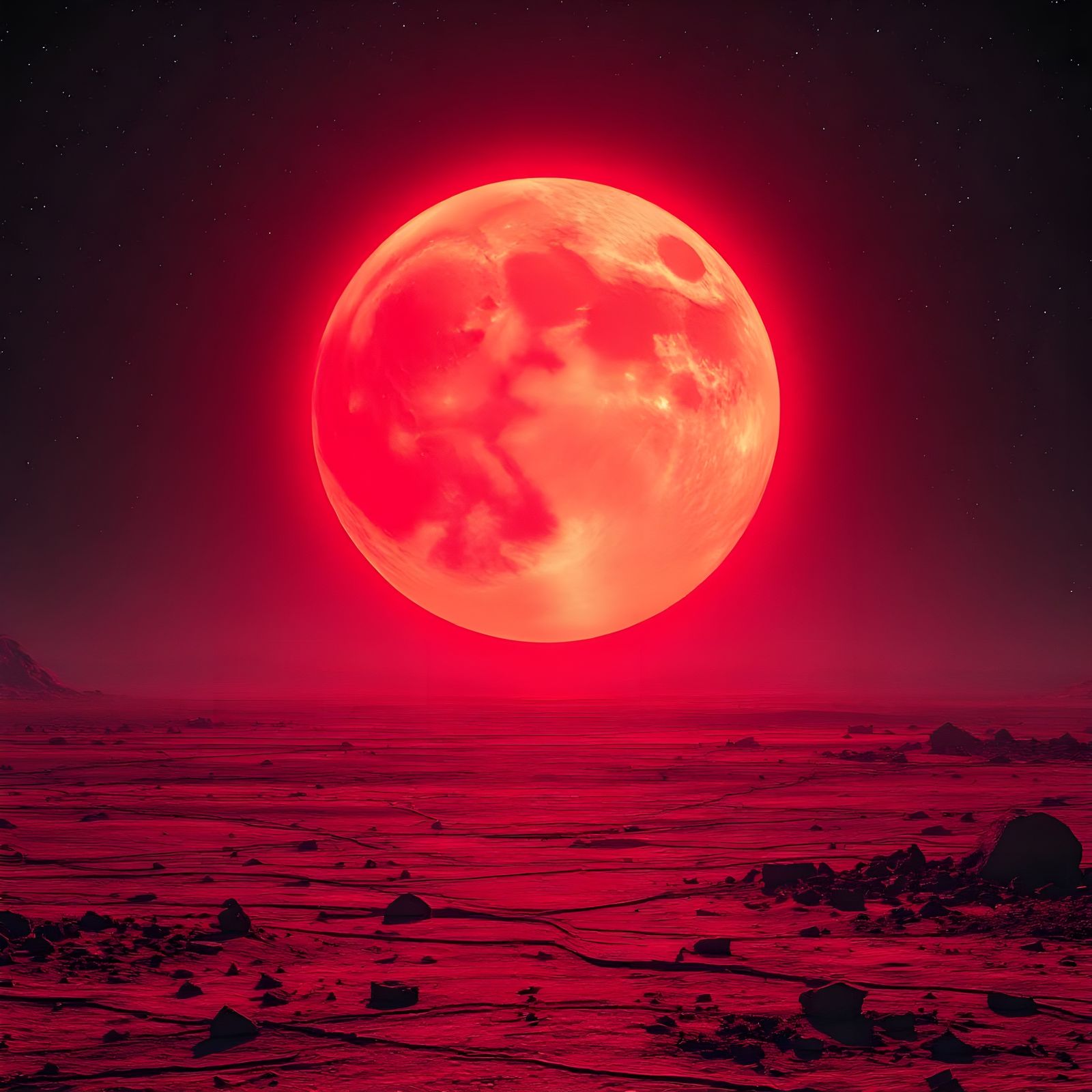 Astronaut on Barren Planet with Blood Moon