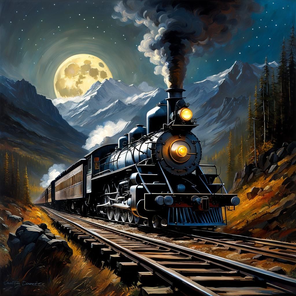 Steam Locomotive at Night in Digital Baroque Style