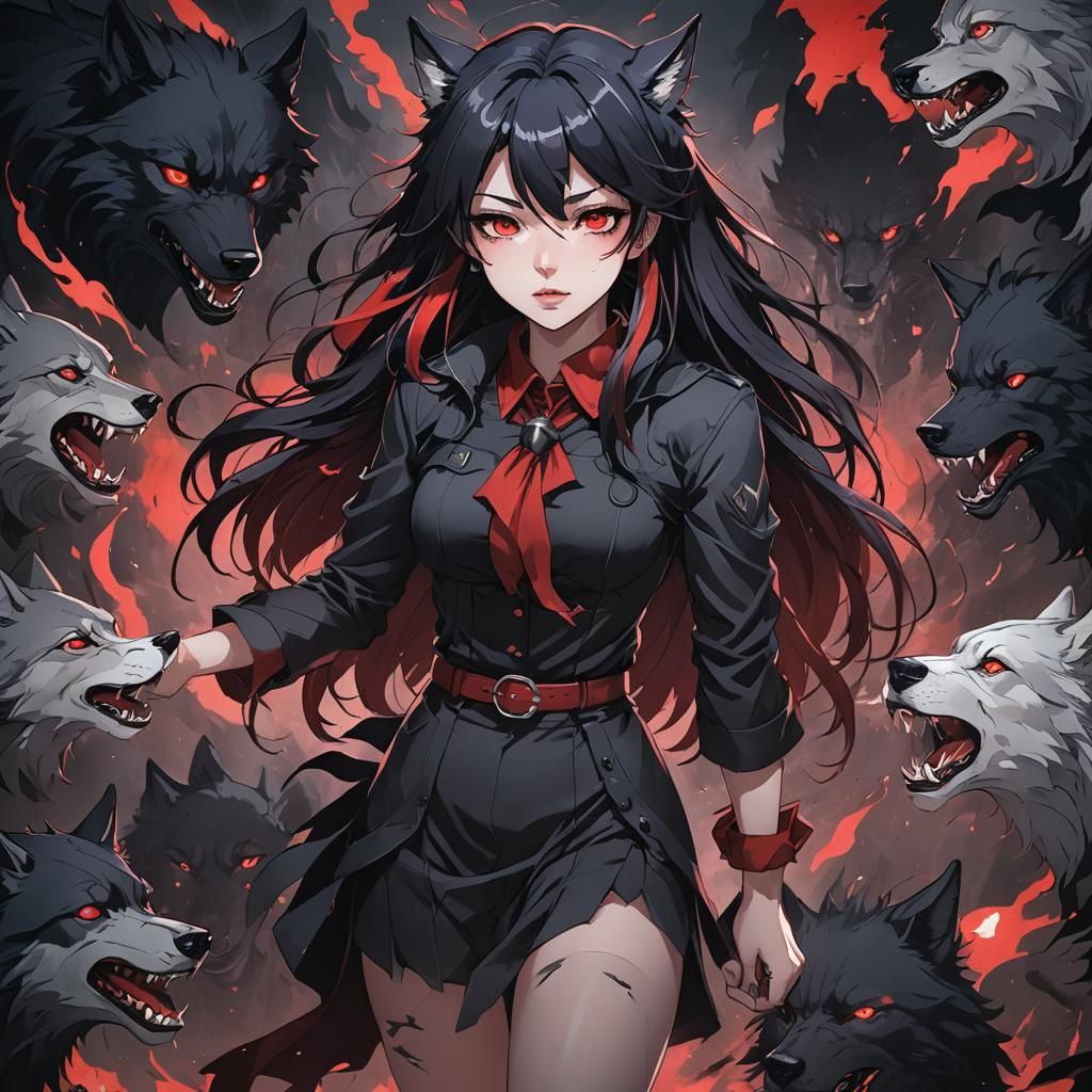 Anime Wolf Girl with Dark Aura, Cel-Shaded Style