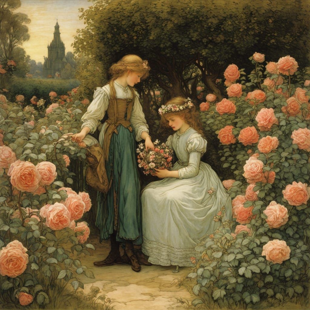Sisters Gather Flowers in a Whimsical Rose Garden