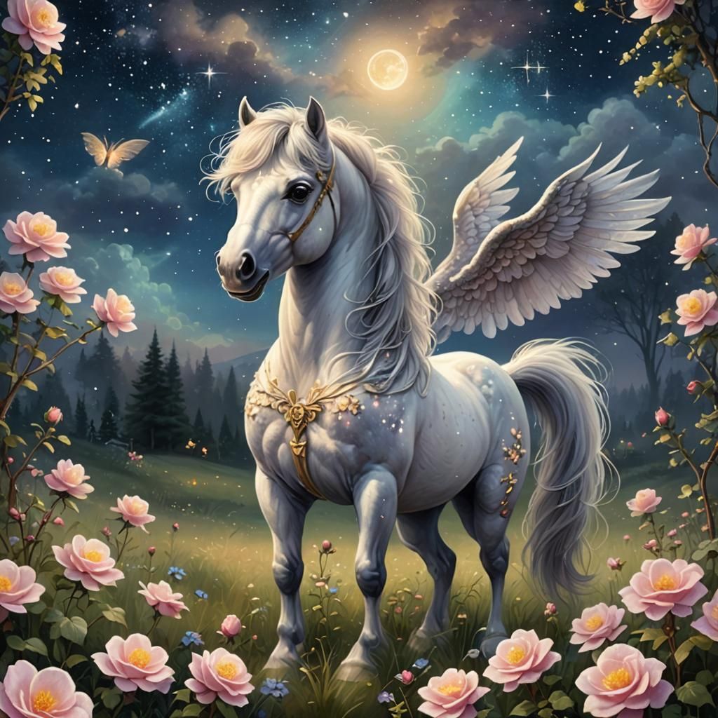 Winged Pony in Starry Rose Field: Ethereal Fantasy