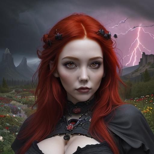 Steampunk Woman with Magic Eyes in Stormy Garden