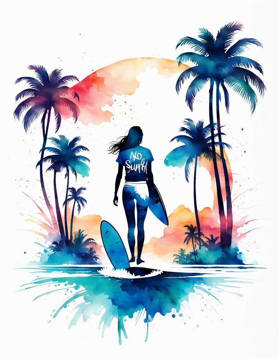 Watercolor Female Surfer Tropical T-Shirt Logo