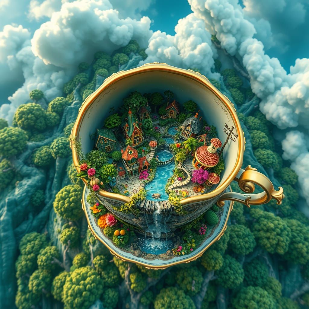 Faerie Village Inside Moon Teacup in Surreal Style