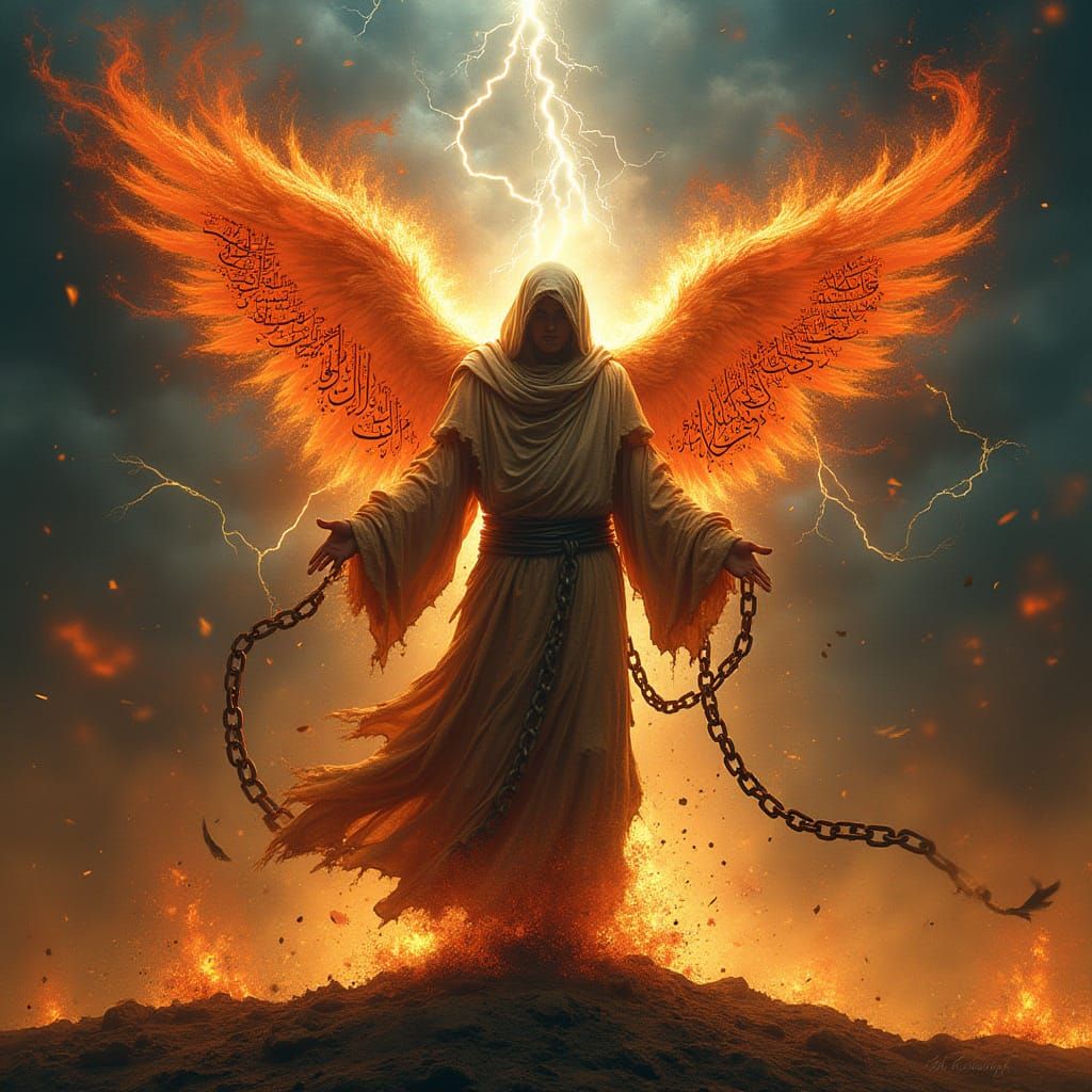 Symbolic Figure Triumphs Amidst Fiery Flames and Golden Ligh...