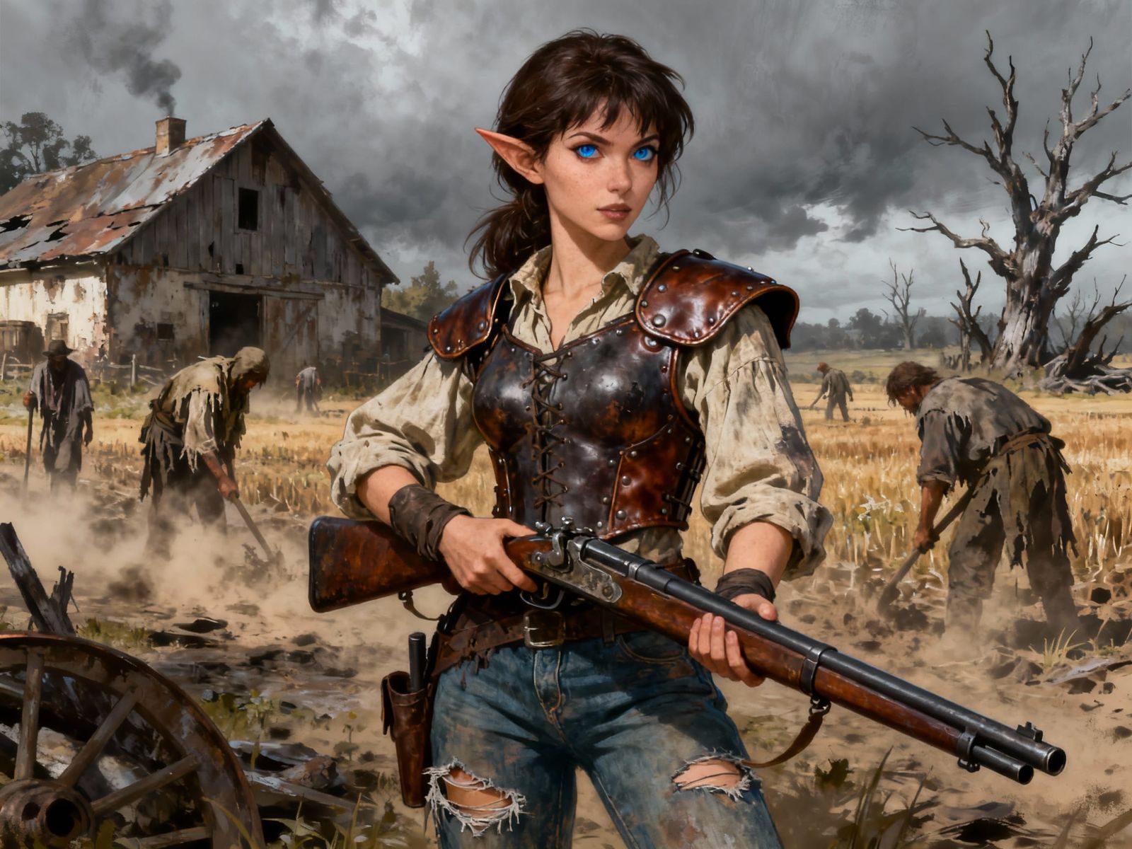 Cunning Woman with Rifle in Post-Apocalyptic Farm