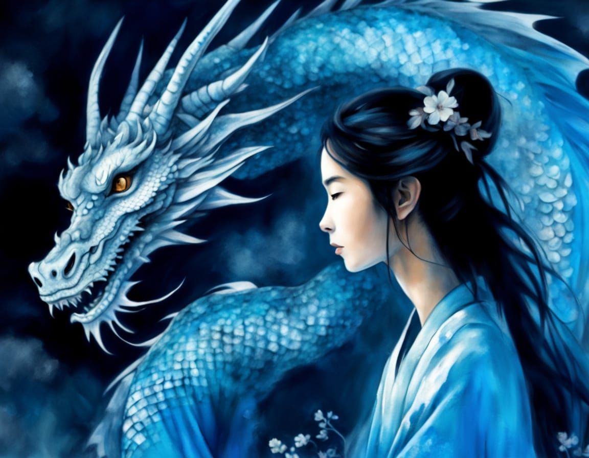 Sumi-e Ink Painting of Woman and Dragon