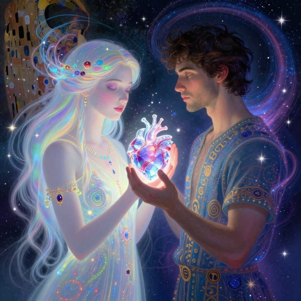 Ethereal Couple Shares Glowing Heart in Cosmic Art Style