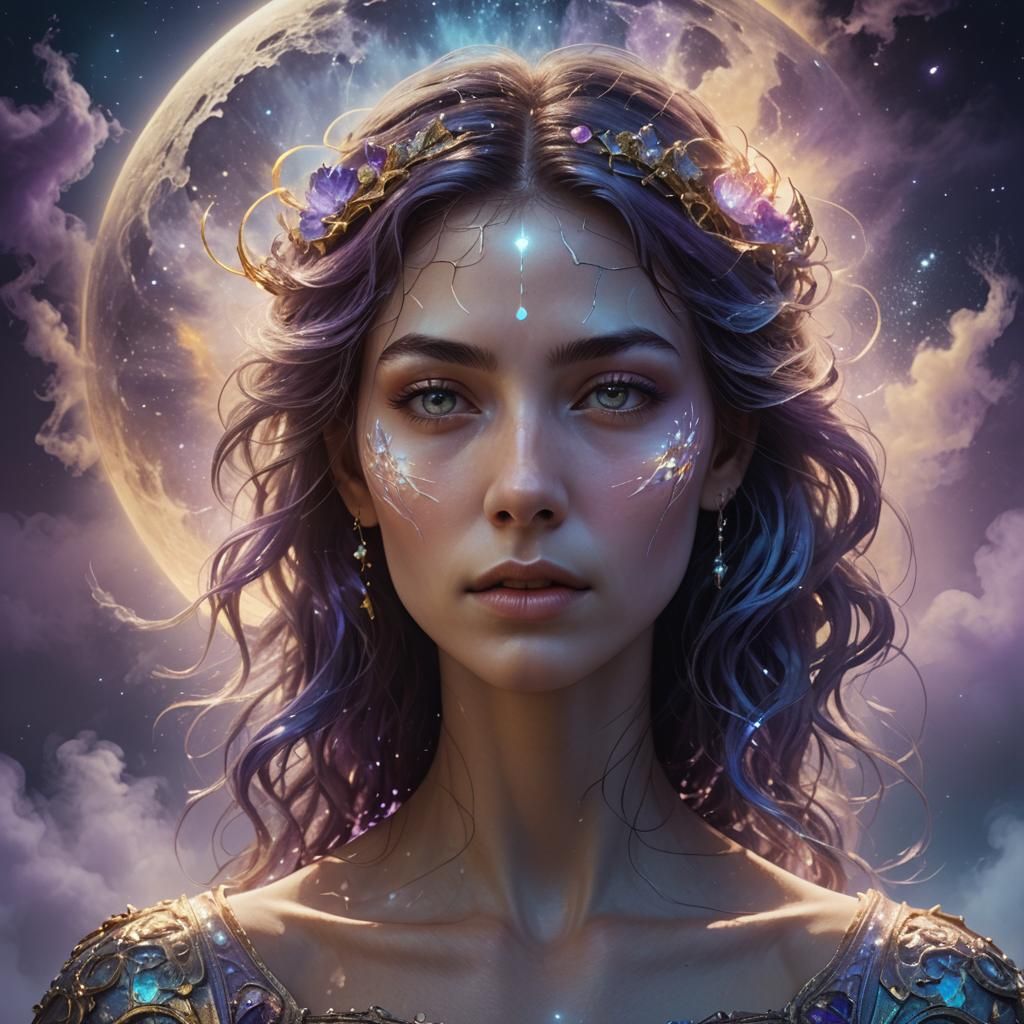 Ethereal Woman Emerges from Moon in Fantasy Art