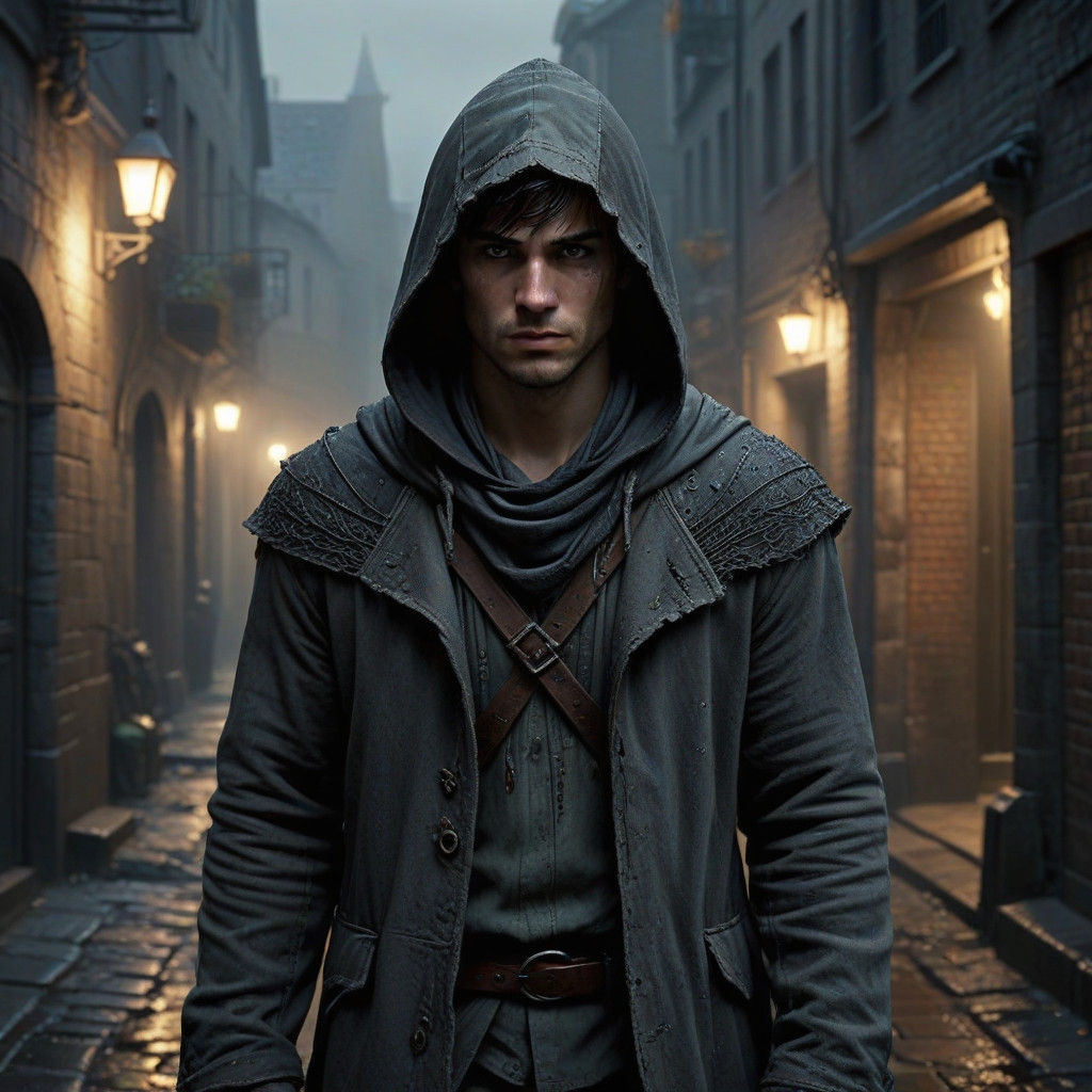 A Mysterious Rogue in a Dimly Lit Alleyway, Masterpiece Oil...