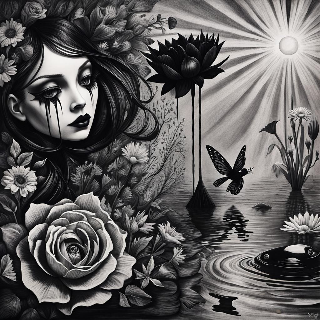 Surreal Crayon Drawing: Goth Woman in Black Water