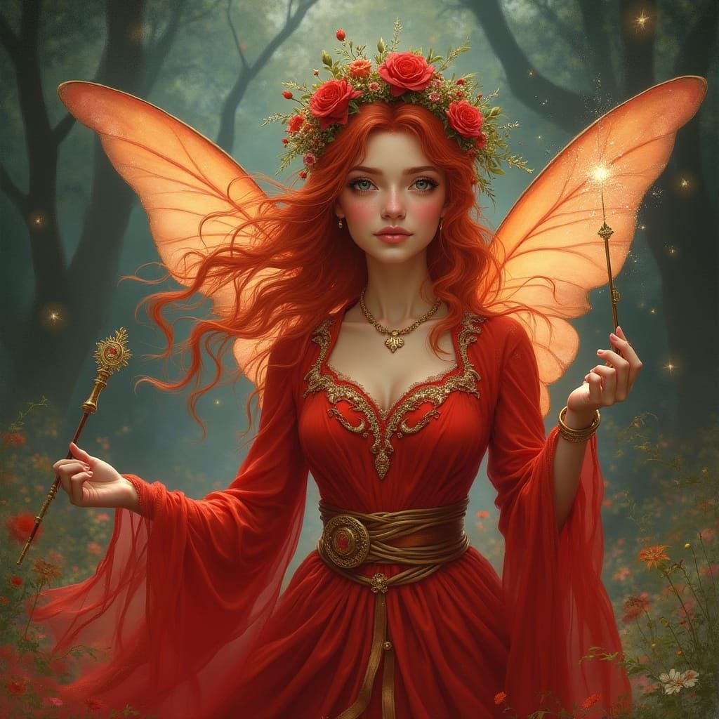 Red Fairy Godmother in a Dreamy Fantasy Art Style