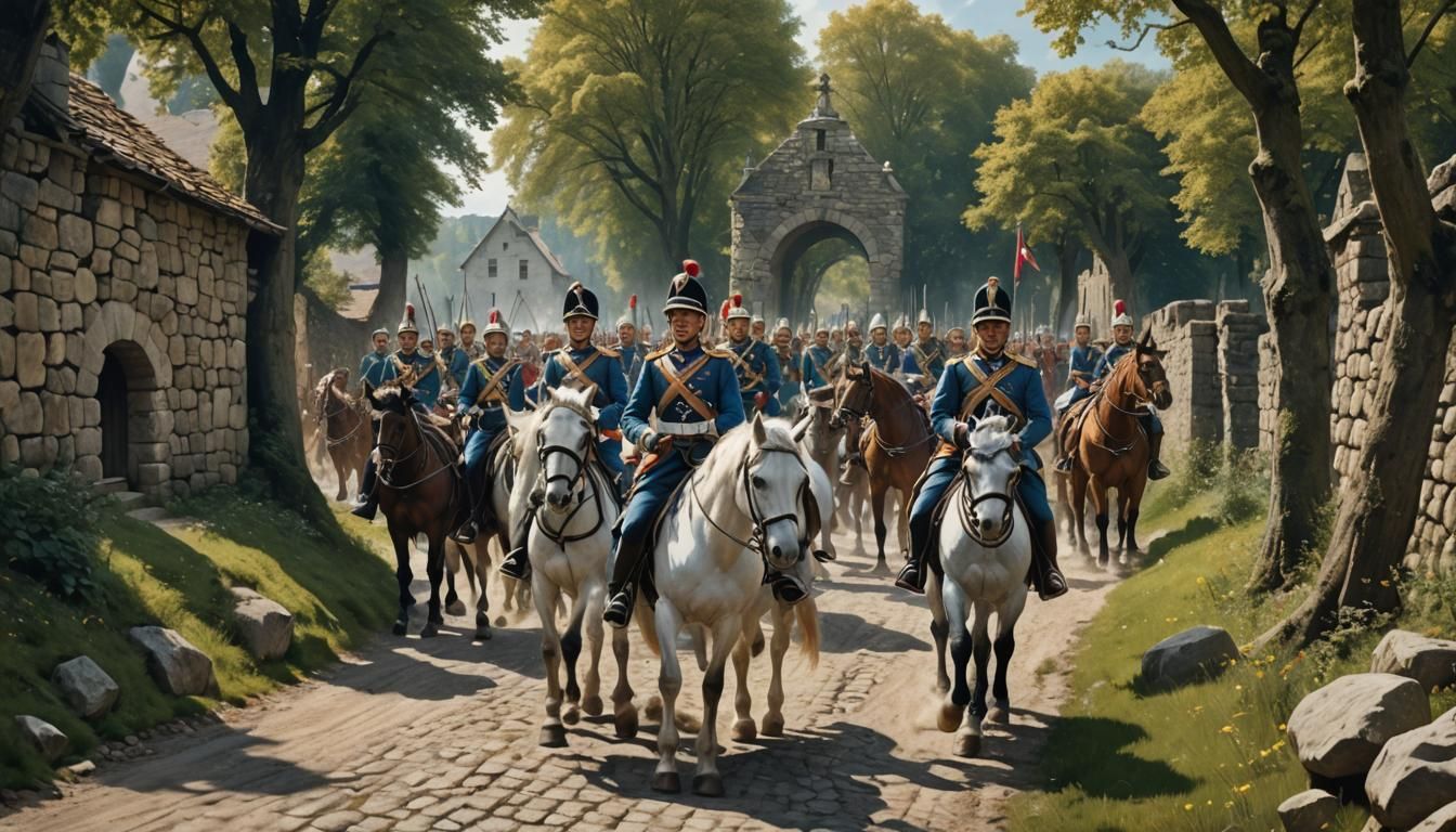 a  queen in a gold trimmed (white uniform, weight 1.5) leadi...