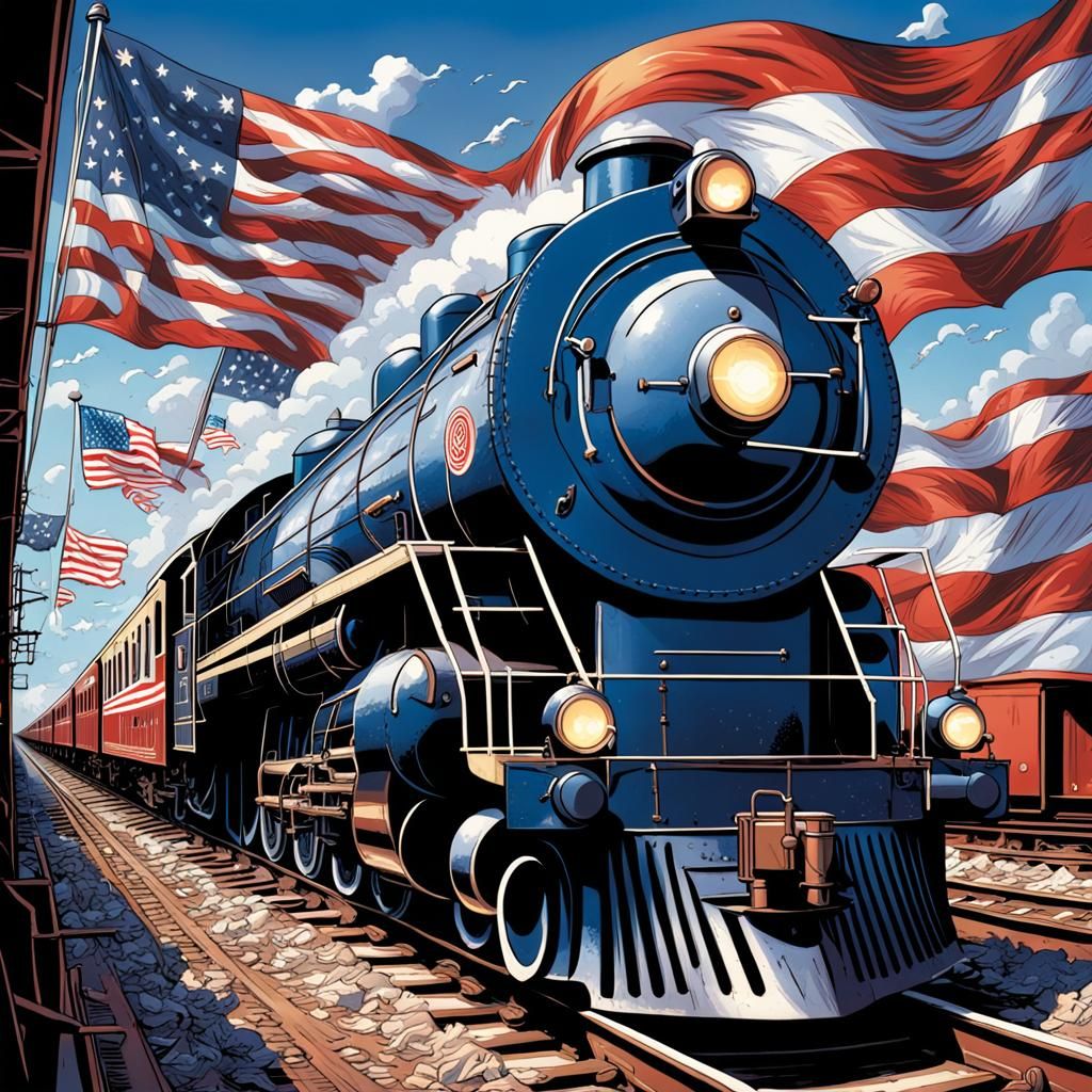American Flags Decorate Vintage Train in Comic Art