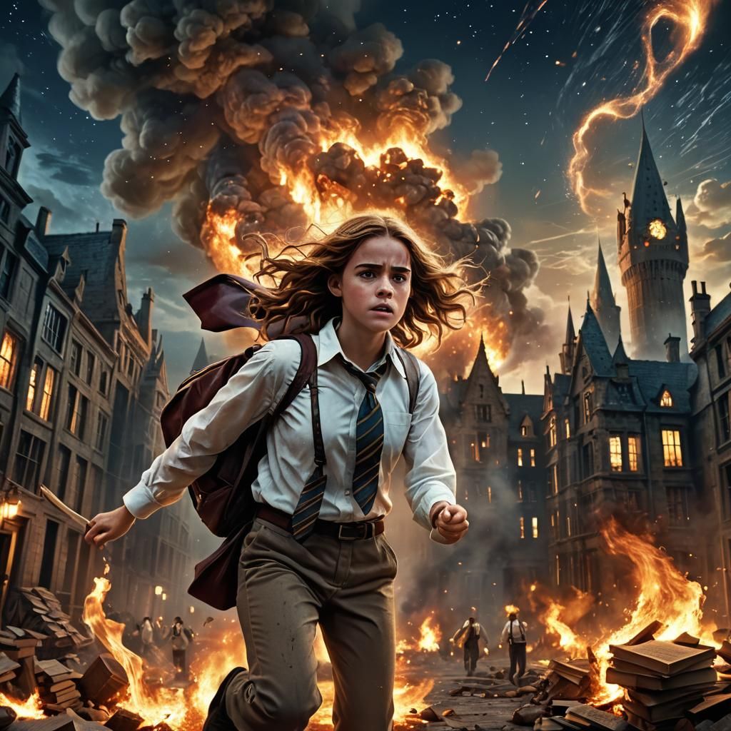Hermione Escapes Burning Building Under Starry Sky