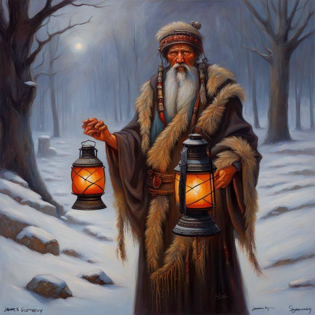 Shaman Winter: Lanterns of the Dead as Oil Painting