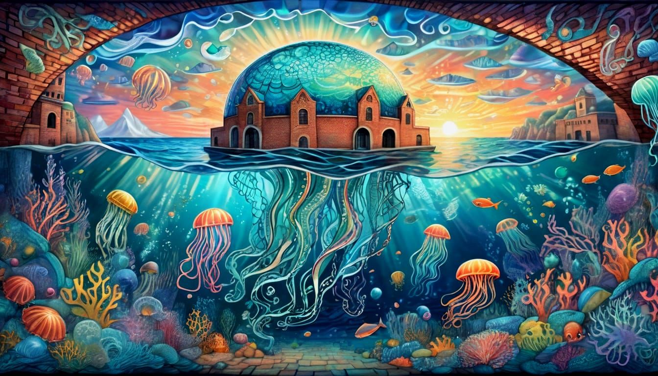 Chalk Art Jellyfish Mural on Brick Wall with Mirror Illusion