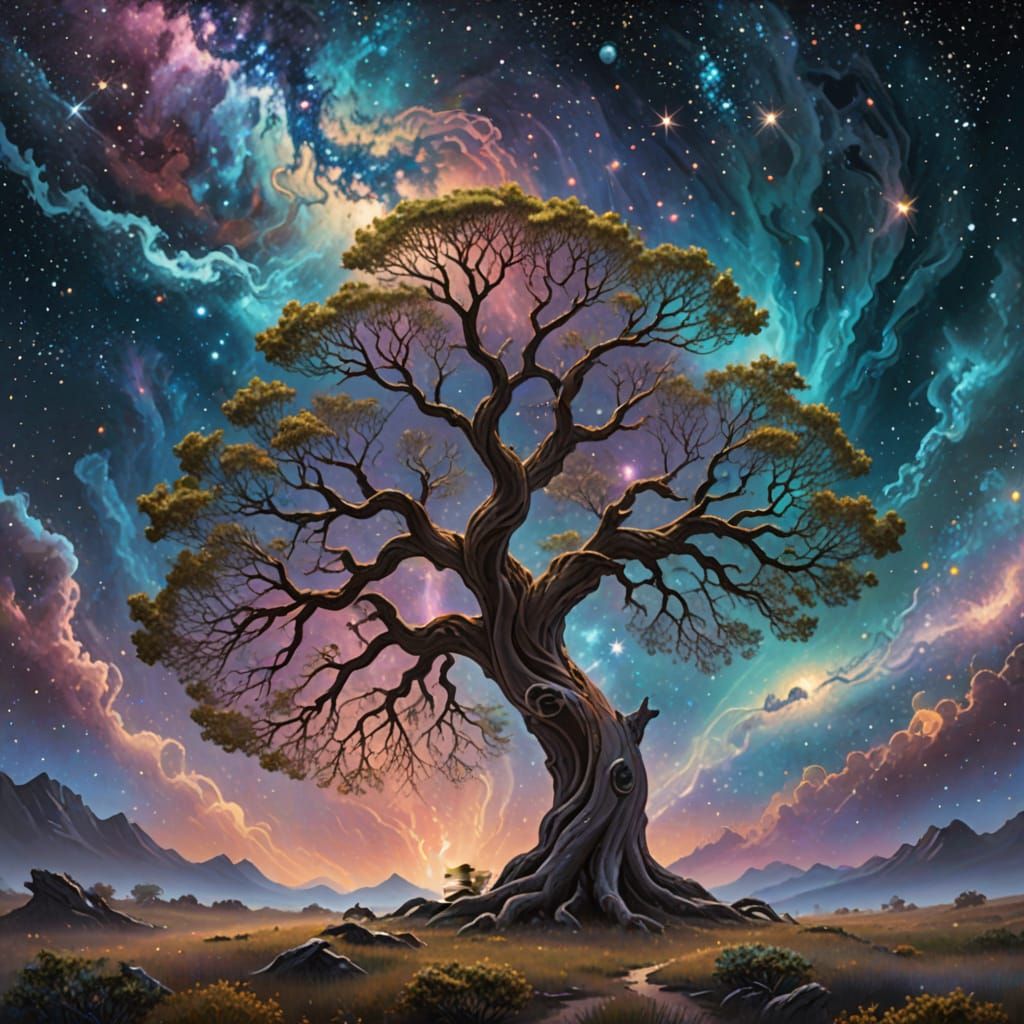 Ancient Tree Under Galaxy Sky